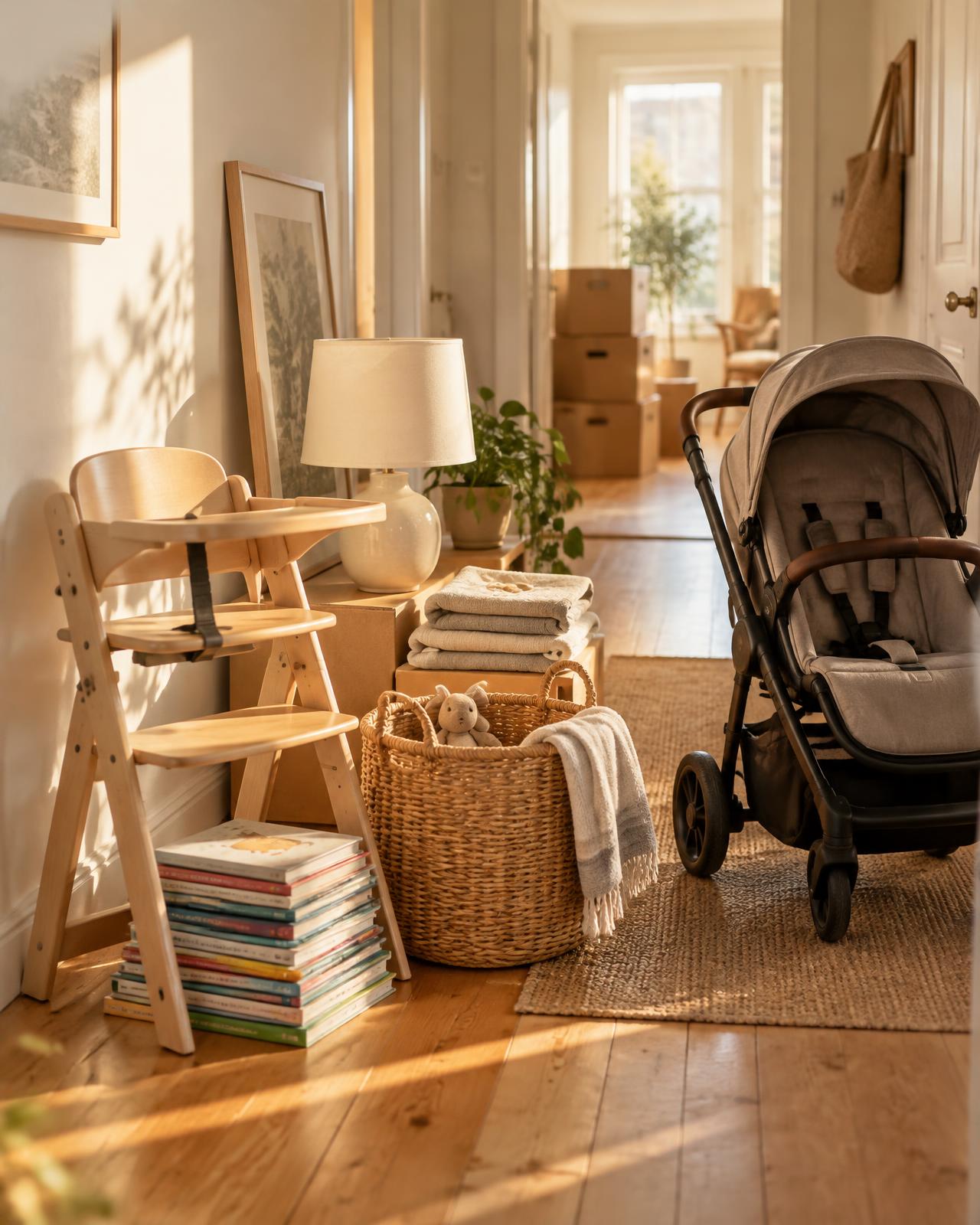 Household items set out in a sunny hallway